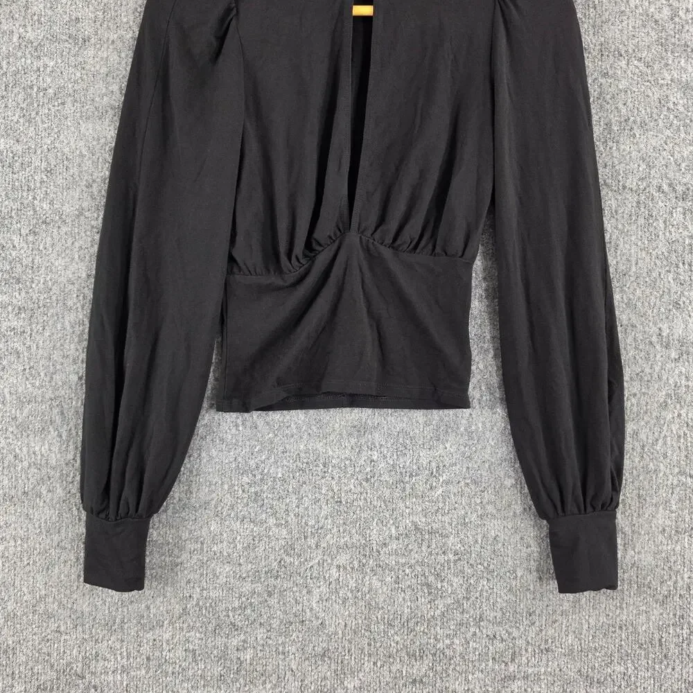 Reformation Blouse XS Black Puff Sleeve Mock Fitted Cutout Ruched Sexy Night Out